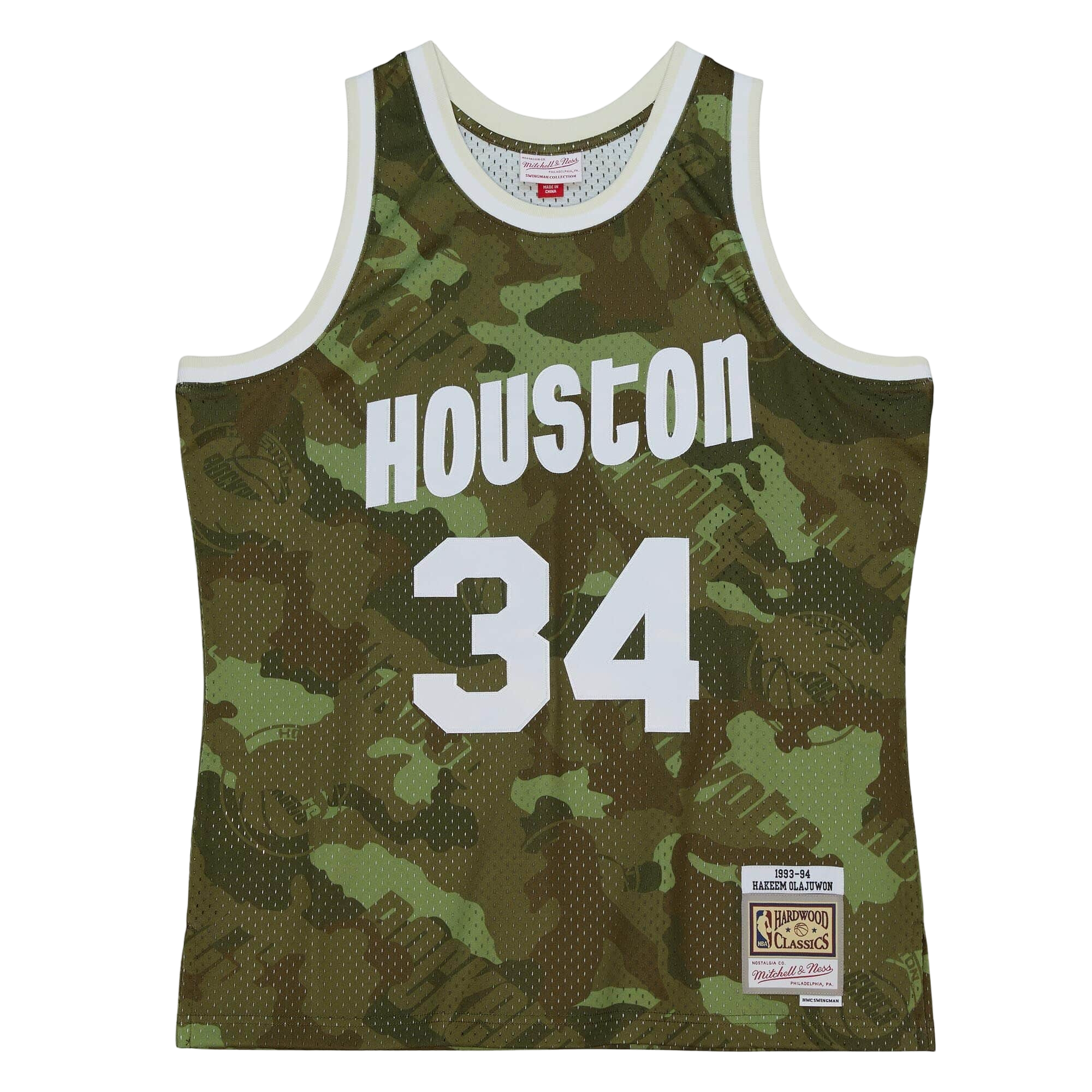 Men's Houston Rockets Mitchell & Ness Hakeem Olajuwon HWC Ghost Green Camo Swingman Jersey